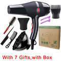 Professional 2100W black hair dryer set with attachments, diffuser, styling combs, clips, and gift box for salon use.