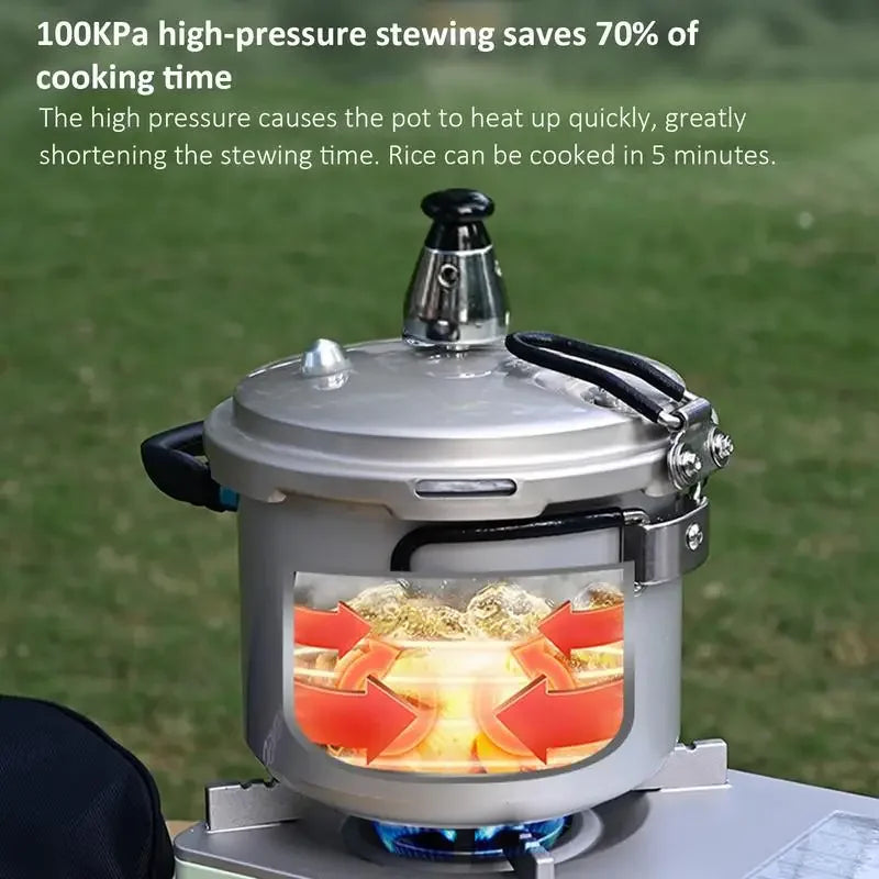 Portable pressure cooker with clear window and black handles on a camp stove