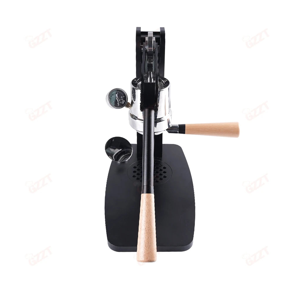 GZZT manual espresso press with pressure gauge, black metal frame, and natural wood handles on a white background.