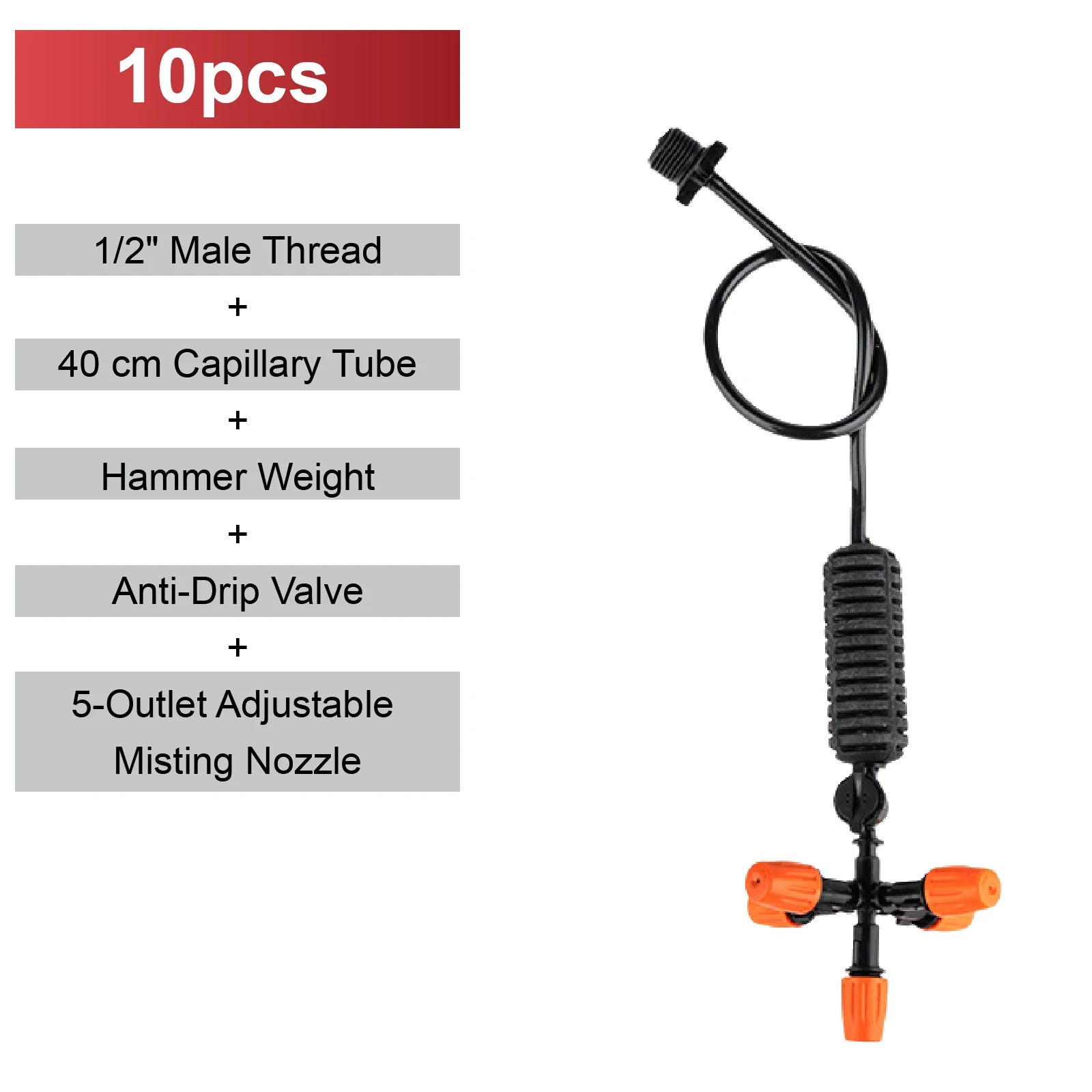 Black adjustable mist micro sprinkler nozzle with capillary tube, anti-drip valve and orange outlets