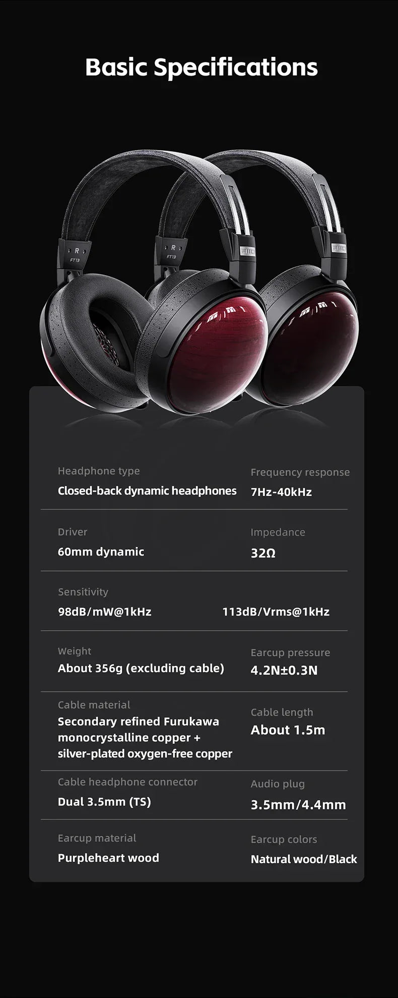 FT13 Closed-Back Audiophile Headphones | 60mm Wool Driver | Tidesmit Tidesmit