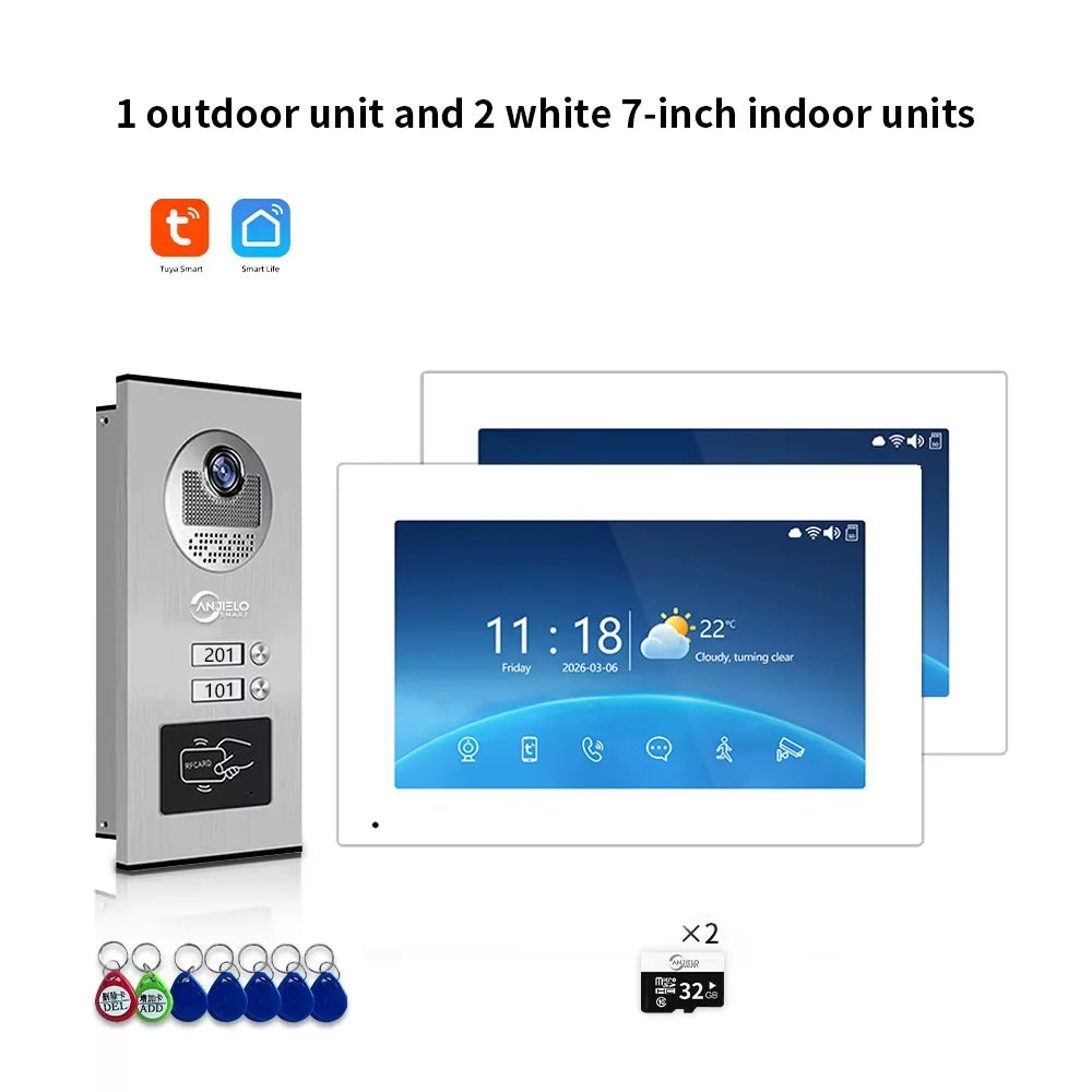 7-inch WiFi video door intercom kit with 2 white indoor monitors and 1 outdoor unit