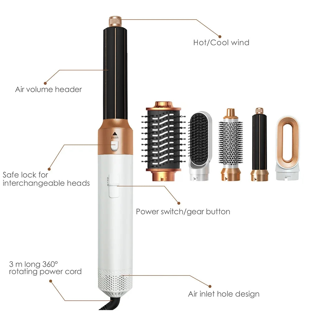 6-in-1 white and gold hair dryer brush set with interchangeable styling attachments, locking mechanism, and heat settings.