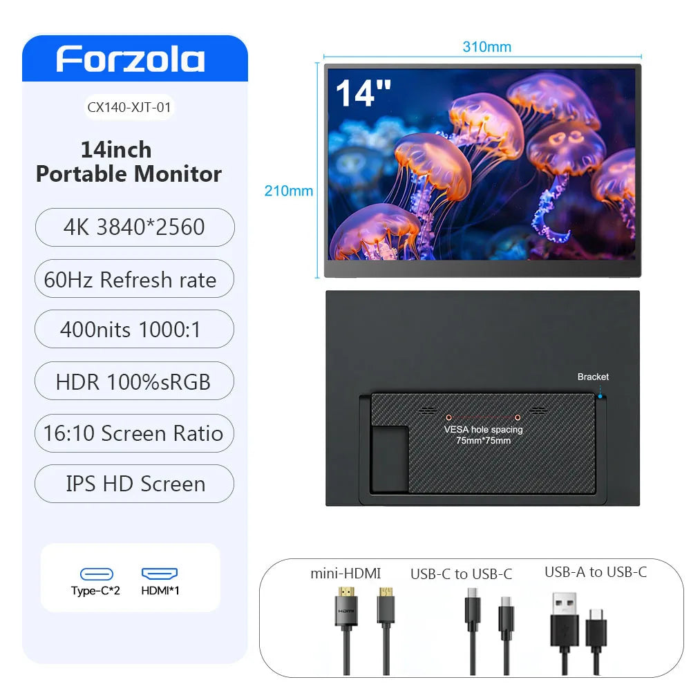 FORZOLA 14 Inch 4K UHD Portable Monitor 3840*2560 IPS Screen TypeC External Display with Stand 75X75 for PS5/4 Phone Xbox Laptop