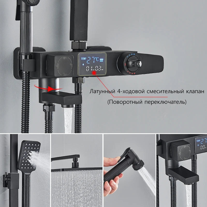 4 Ways Digital Display Shower Faucet Bathroom Thermostatic/Hot Cold Rainfall Shower Head Brass Rotate Mixers Bidet Faucet