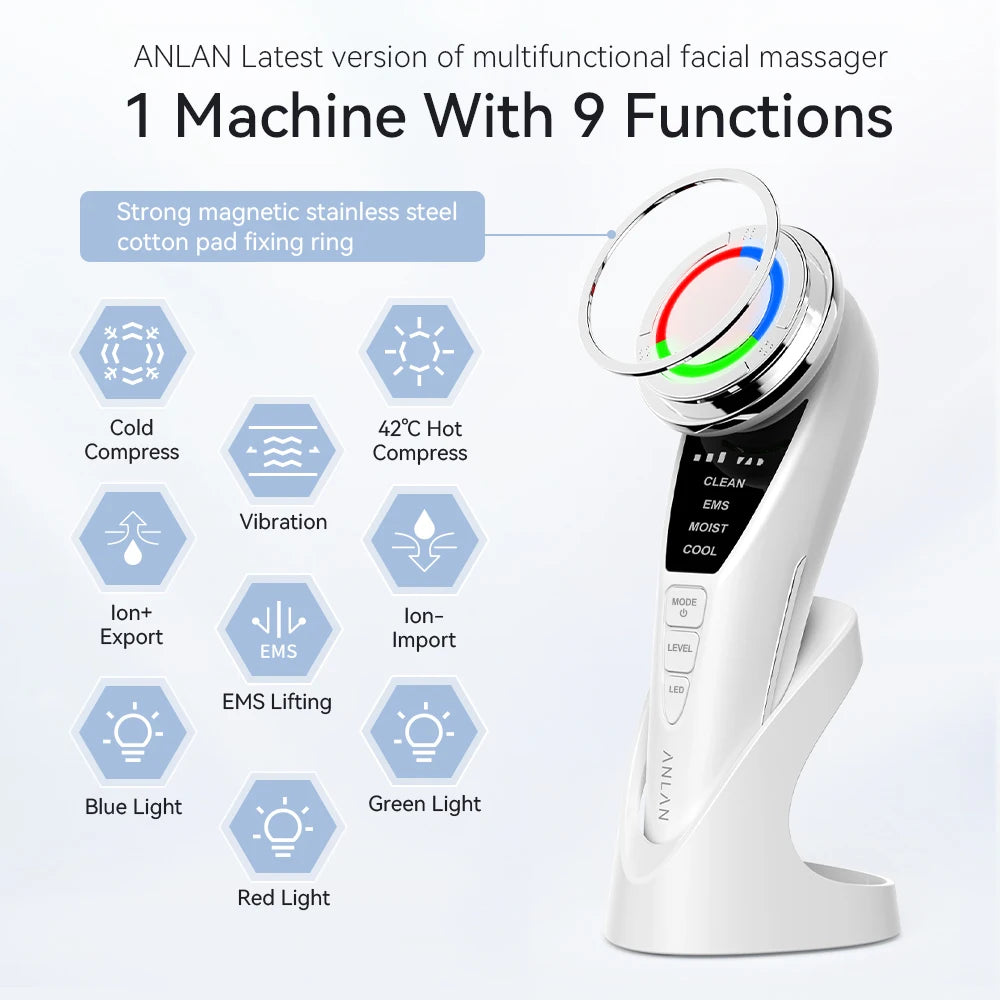 ANLAN white EMS facial massager with 9 skincare functions, including cold compress, LED light therapy, and lifting.