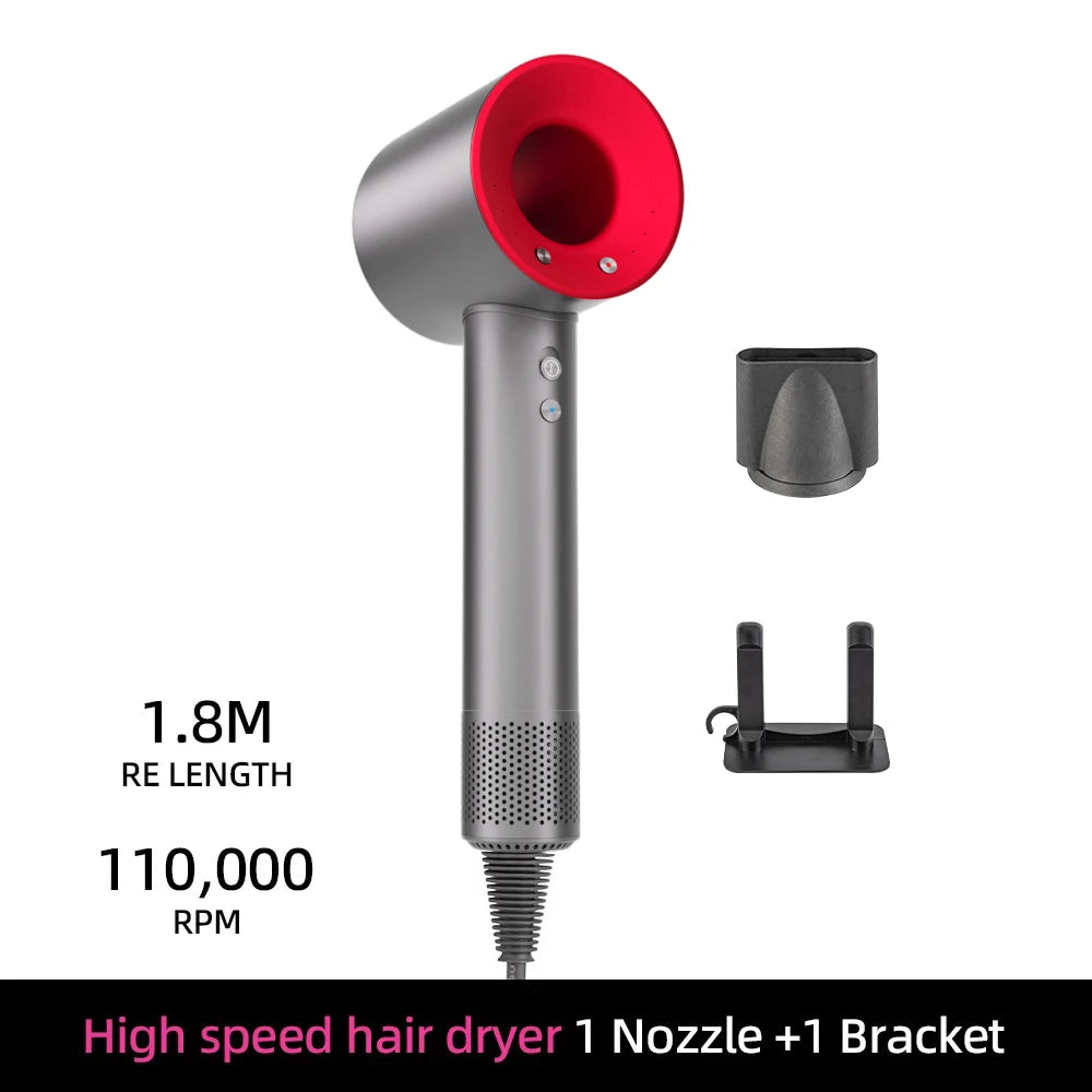 Grey and red high-speed bladeless negative ion hair dryer with magnetic nozzle and wall bracket for quick drying.