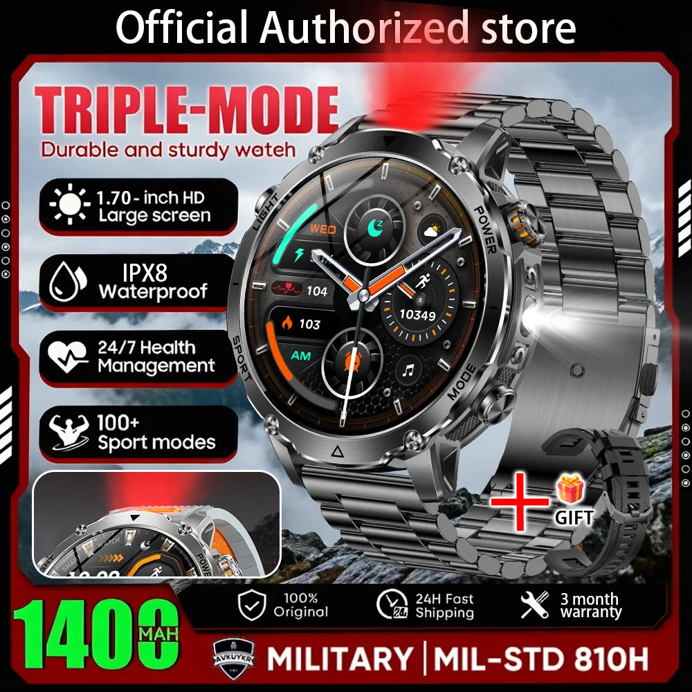 Black dial smart watch with silver steel bracelet and dark sport band texture.