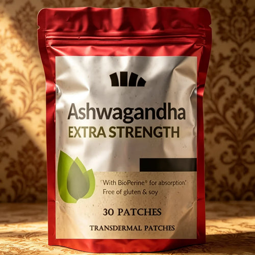 Red 30-patch Ashwagandha supplement pack for adaptogen stress relief.