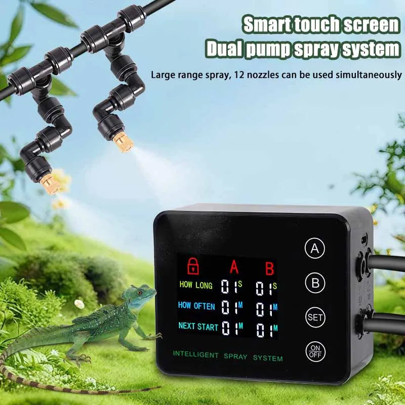 Dual pump mist spray system with multiple adjustable nozzles and touch display controller