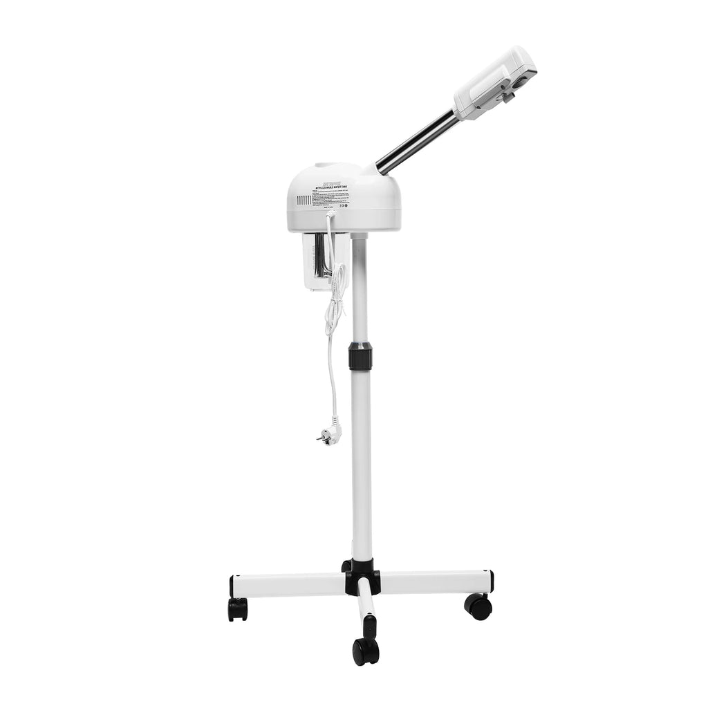 White professional facial steamer with 750ml tank and adjustable stand on wheels for salon or home spa skin care.