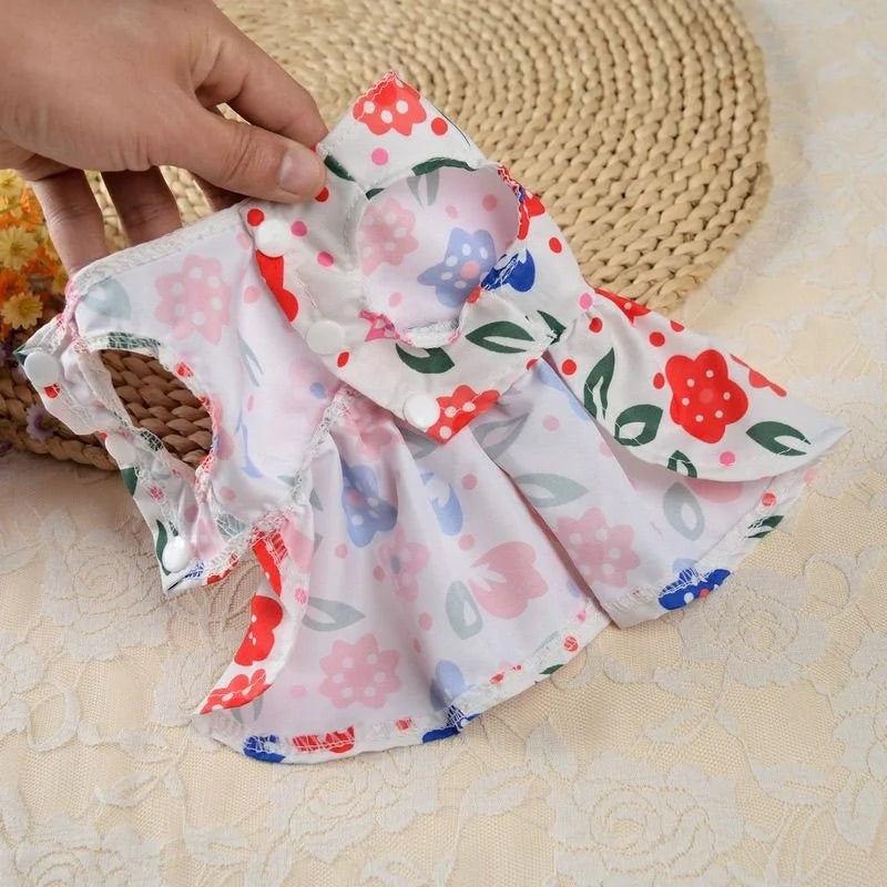 Cute floral dog princess dress for small pets, soft summer kitten skirt with snap buttons for stylish puppy comfort.