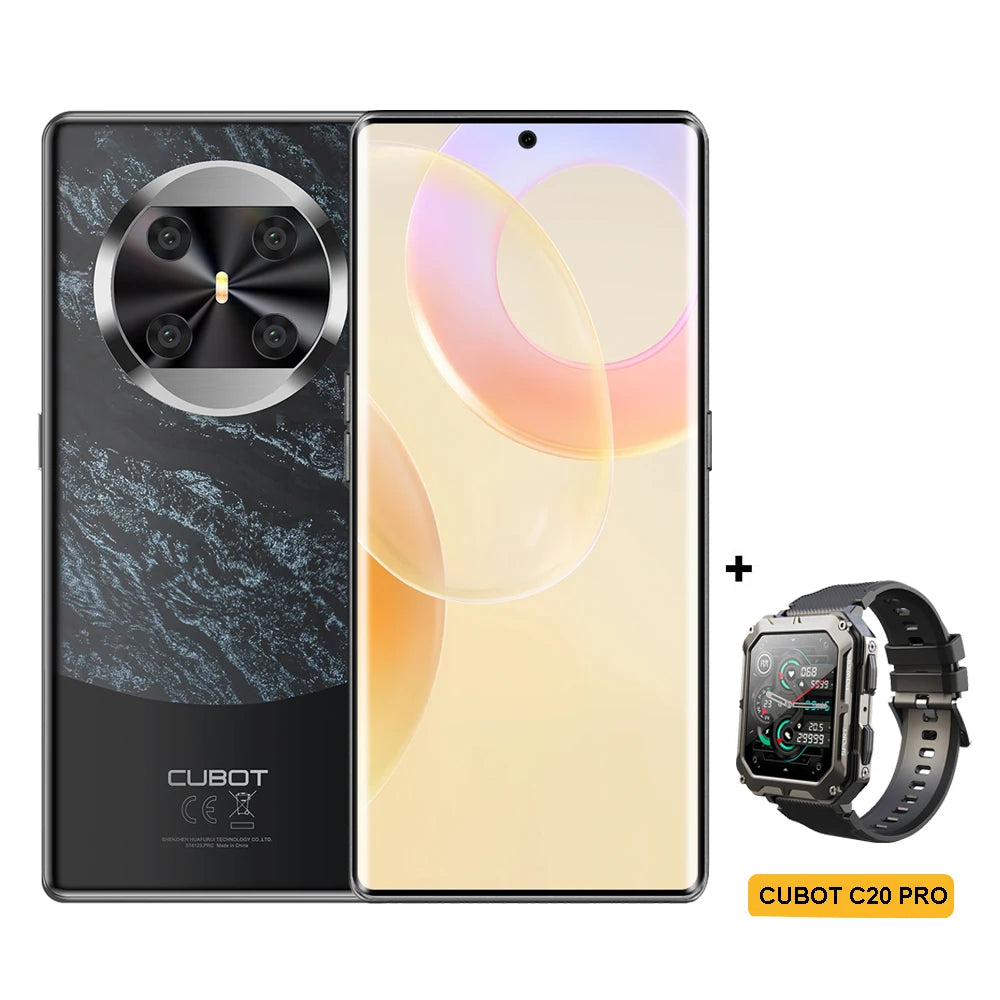 Cubot X90 black marble smartphone with 100MP camera, 120Hz curved display and bonus Cubot C20 Pro smartwatch.