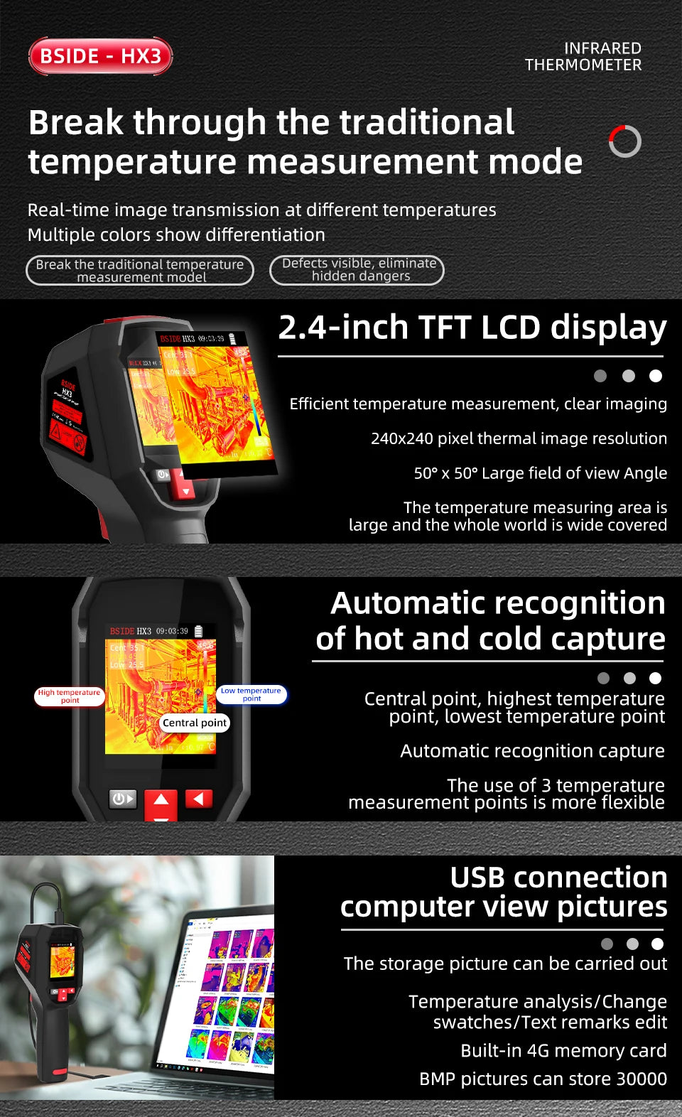BSIDE Handheld Thermal Imaging Camera Industrial HX3 -20-550C HD Resolution PCB Pipe Inspection Fire Safety Thermal Imager