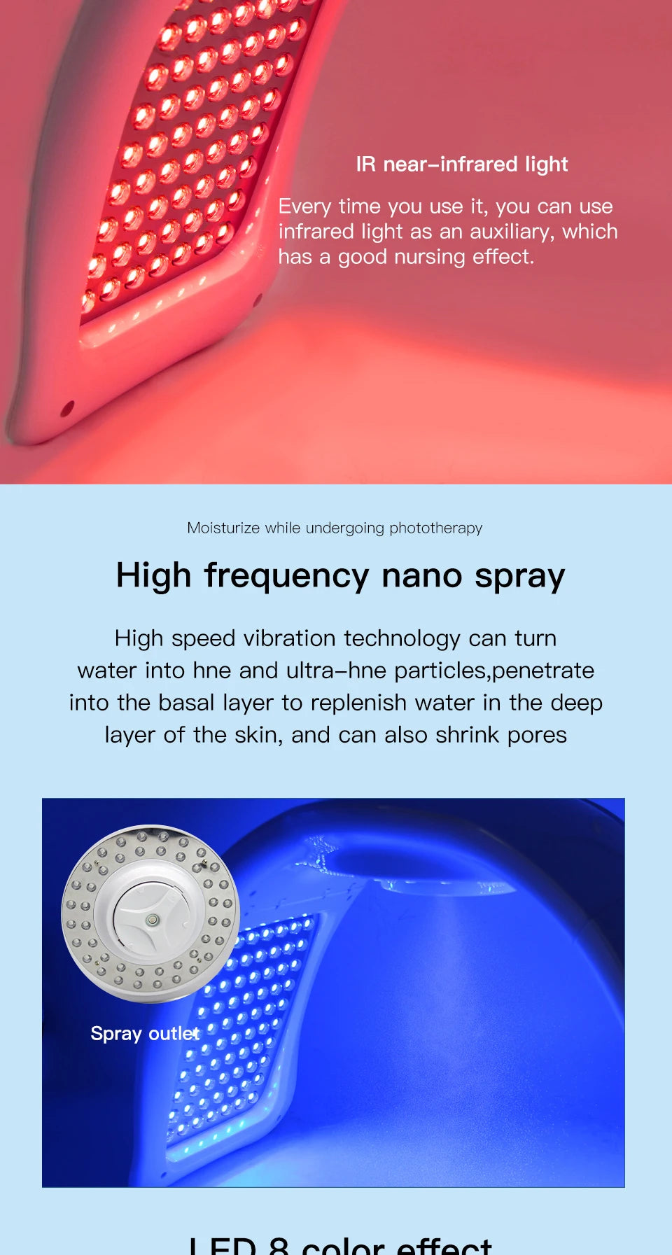 LED facial phototherapy dome with near-infrared red and blue lights, plus a central nano mist spray outlet.