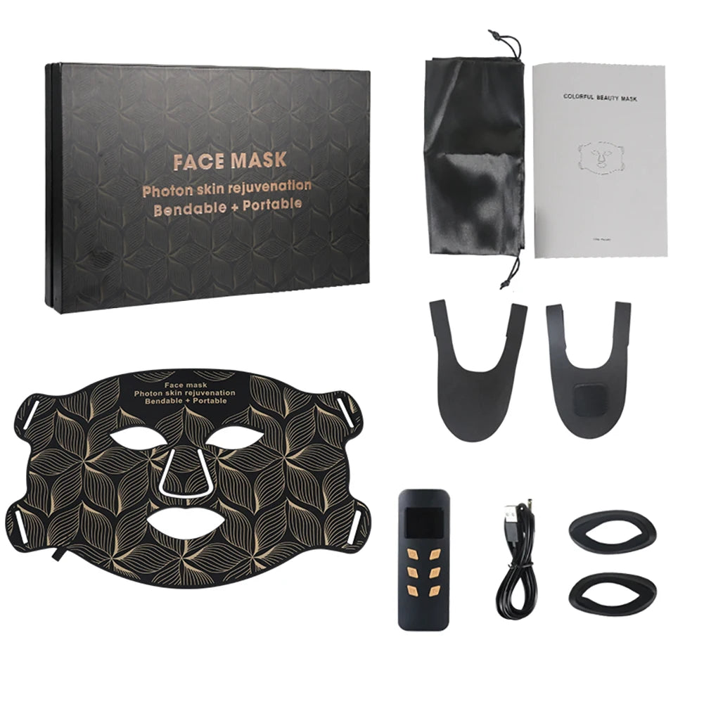 8-color LED light therapy face mask kit with neck piece, remote, and accessories for anti-aging and acne treatment.