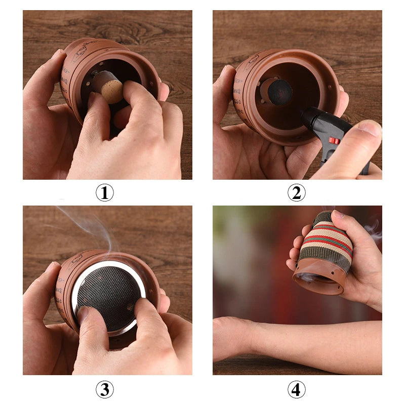 Four steps showing a brown ceramic moxibustion cup being prepared, lit, and applied to the arm for therapy.