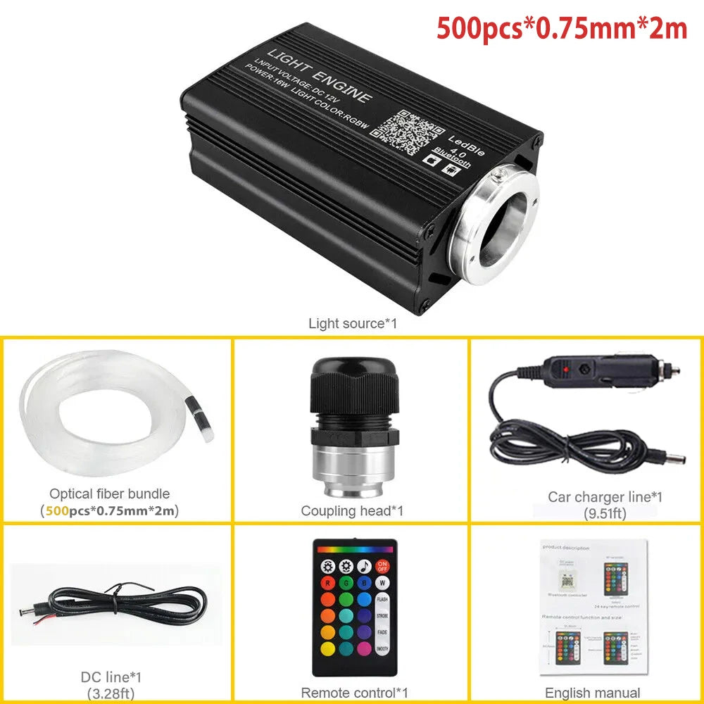 Black fiber optic light kit: 500pcs 0.75mm strands, controller, remote, charger, coupling head