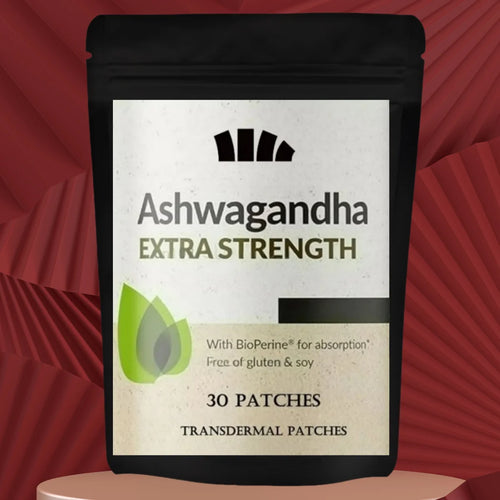 Black pouch of 30 Ashwagandha transdermal patches for adaptogen stress relief and extra strength support.