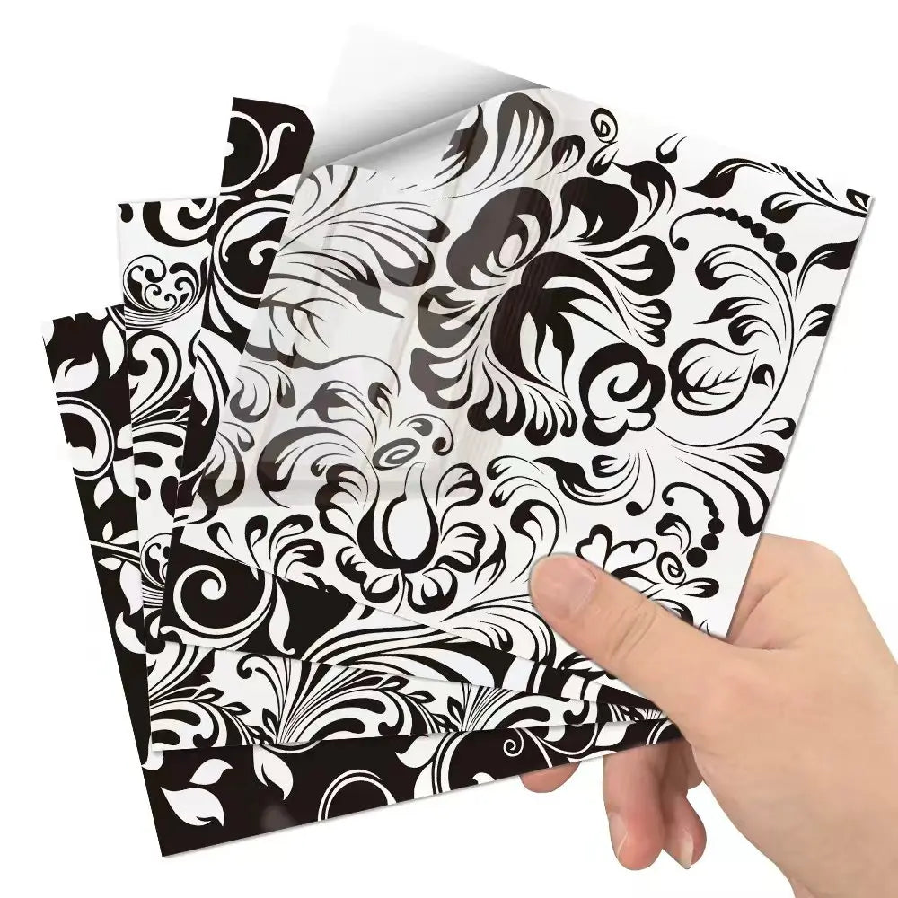10 pcs/pack, Black and White Floral hard PVC Self-Adhesive Tile Stickers - Waterproof, Oil-Proof, Easy to Clean for Home Decor