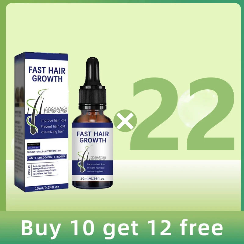Anti-hair growth essence in a brown glass dropper bottle next to its blue and white box. Text says "Buy 10 get 12 free".
