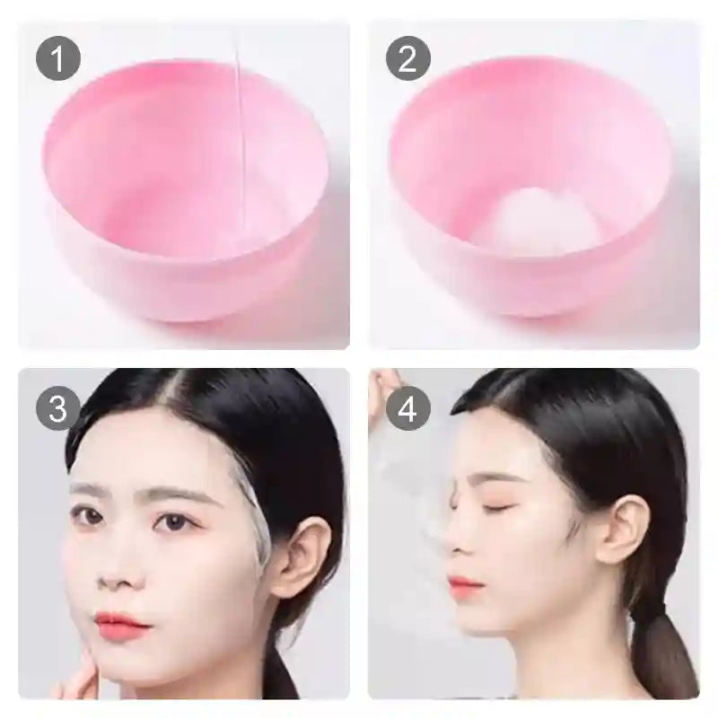 Four-step instruction showing a pink bowl with liquid and a thin white cotton face mask applied to a woman's face.