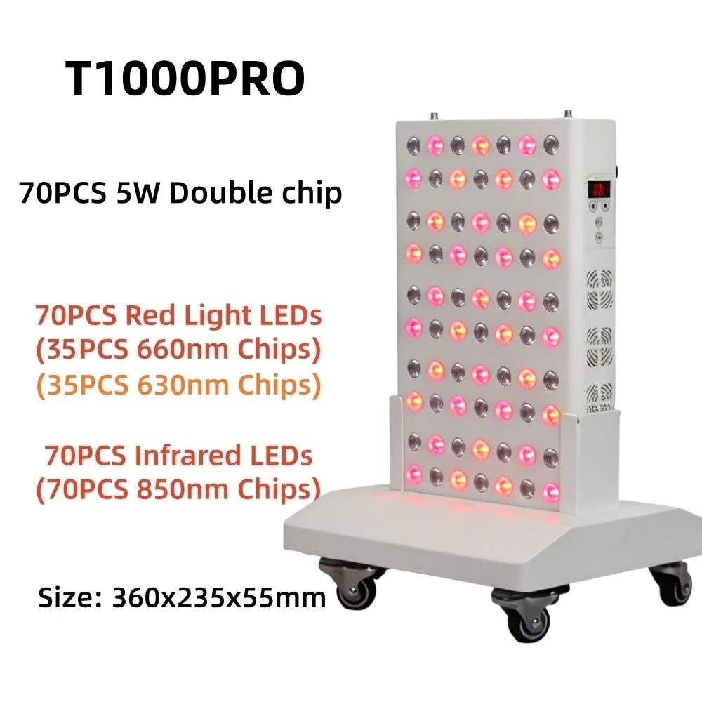 T1000PRO red light therapy panel with 660nm, 630nm, and 850nm LEDs for skin rejuvenation and pain relief on wheels.