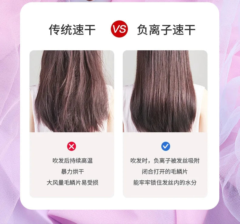 Comparison of hair health: ionic hair dryer vs traditional heat, showing smoother, hydrated hair with negative ions.