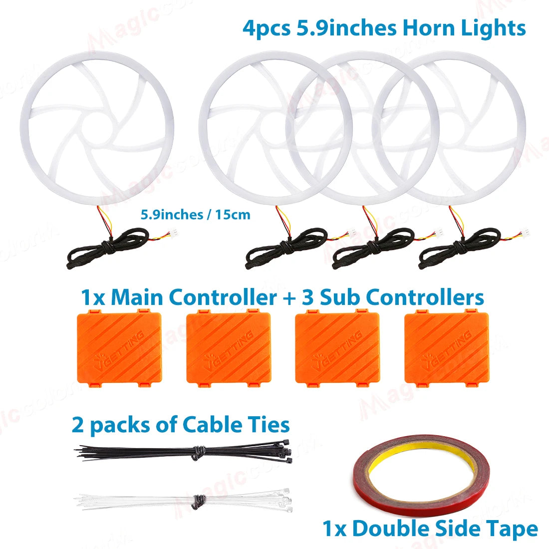 Four 5.9-inch circular LED horn lights with four controllers, cable ties, and double-sided tape for vehicle lighting.