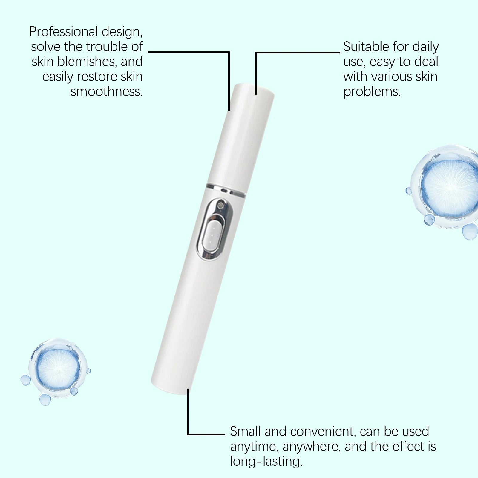 A sleek white, cylindrical facial laser pen with a silver power button, surrounded by blue water droplet icons.