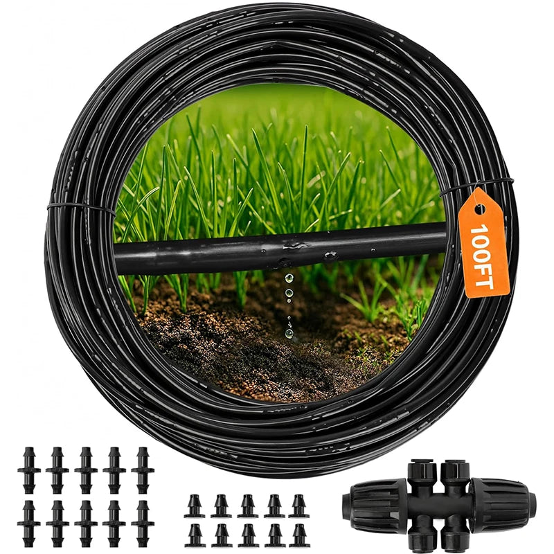 1/4" Irrigation Dripline Tubing 100Ft Roll 6" Emitter Spacing 0.5 GPH Emitters Built-In Drip Irrigation Line with 1/4" Fittings