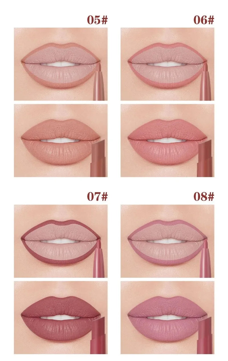 Dual-ended waterproof matte lip liner and lipstick set in various nude, rose, and red shades for a long-lasting finish.