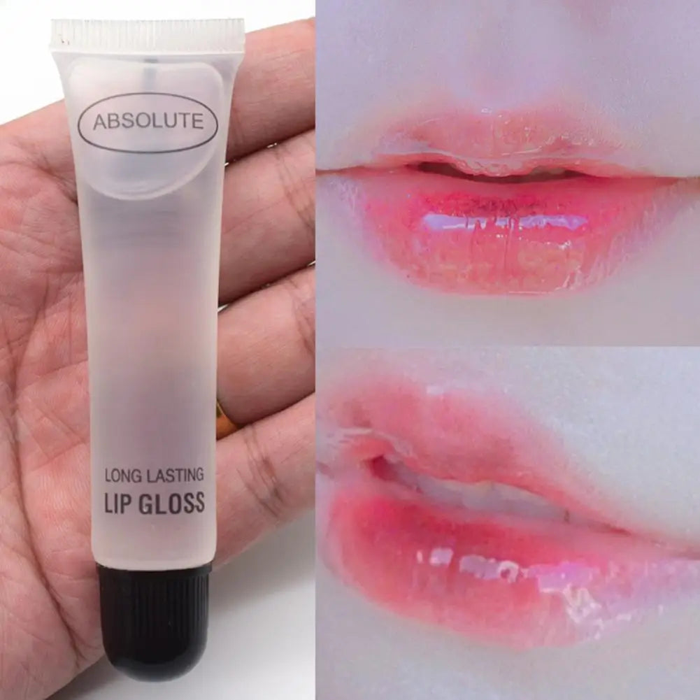 Absolute transparent lip gloss in a squeeze tube, providing a hydrating, smoothing, and high-shine plumped lip finish.