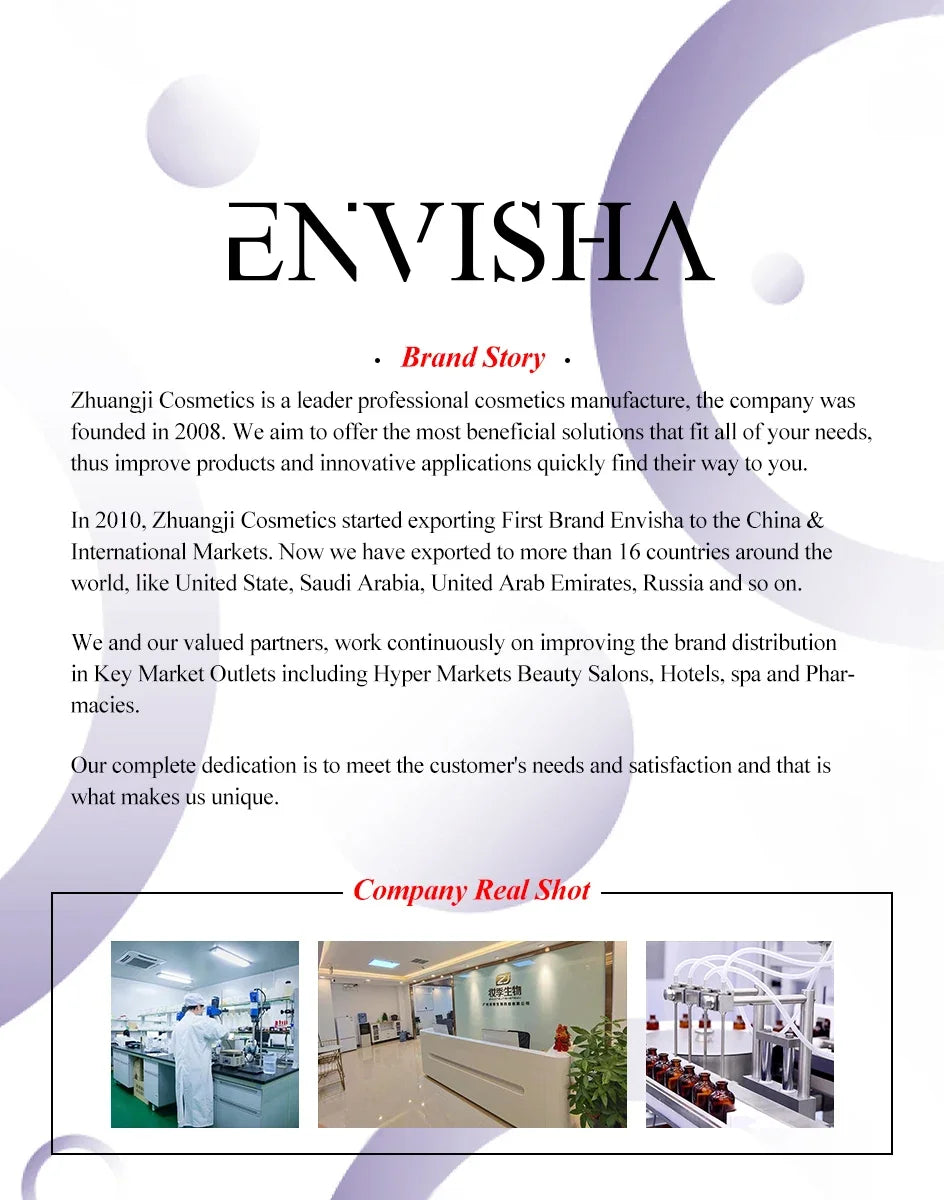 ENVISHA skincare brand story infographic showing laboratory, office, and automated bottling production facilities.