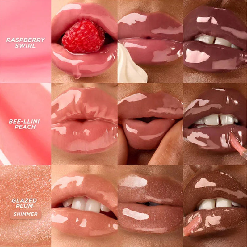 Gisou lip oil gloss in Raspberry Swirl, Bee-llini Peach, and Glazed Plum Shimmer for high-shine, plumped lip care.