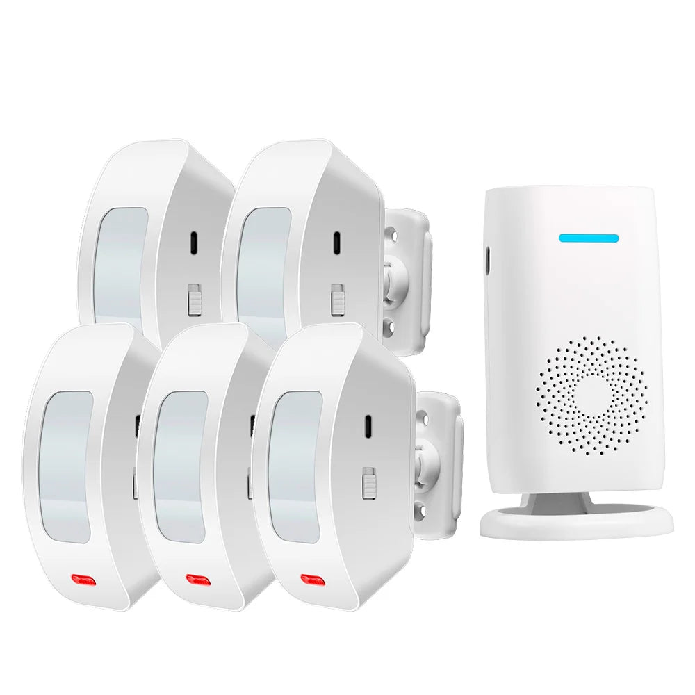 Wireless doorbell chime alarm kit with several wall chimes and PIR tabletop receiver