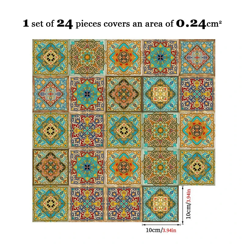 Set of peel-and-stick backsplash tile stickers with turquoise ornate tile patterns