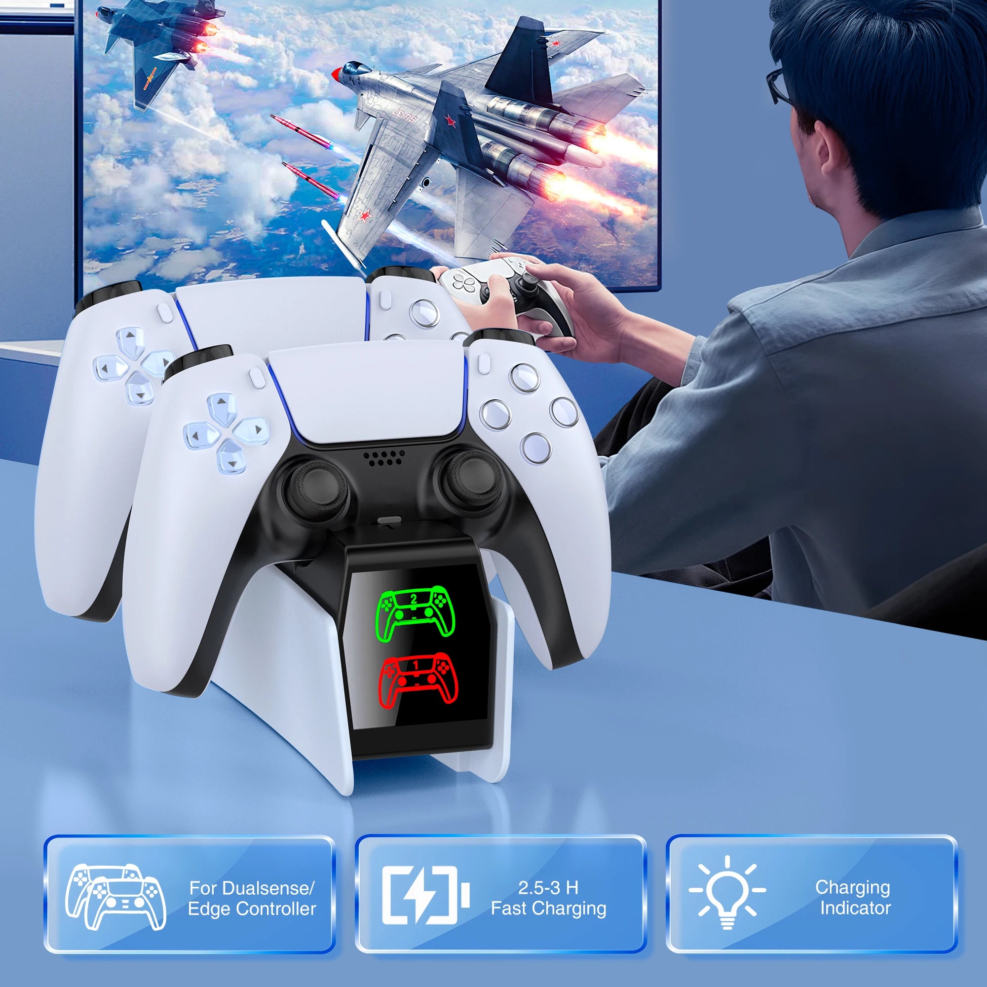 DinoFire FC304 Charging Station for PS5 Controller,Dual Fast Charger Dock for 2 DualSense, Type-C, LED Indicator, Gaming Stand