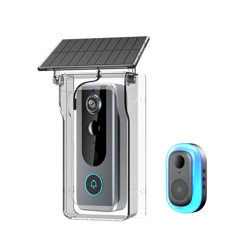 Outdoor wireless video doorbell with clear solar rain cover and blue indoor chime