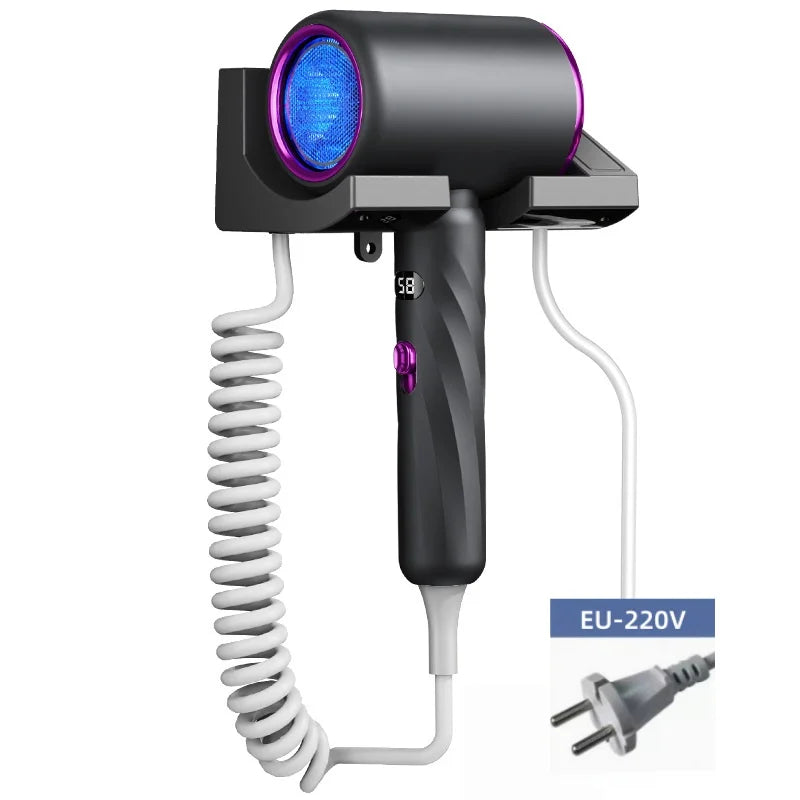 Black 1800W wall-mounted hair dryer with LED display, coiled cord, EU plug, and blue light for bathroom styling.
