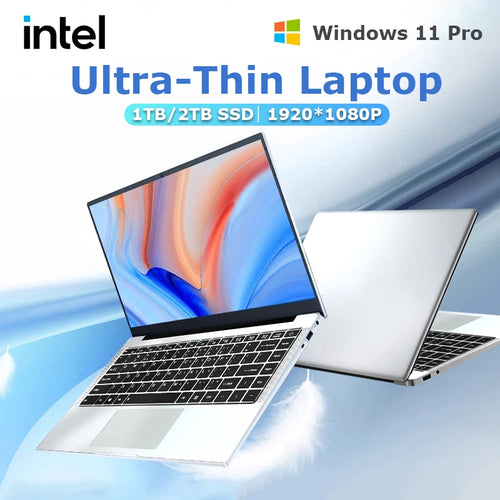 Silver 14.1-inch ultra-slim laptop with a thin-bezel display, black keyboard, large trackpad, and side USB/power ports.