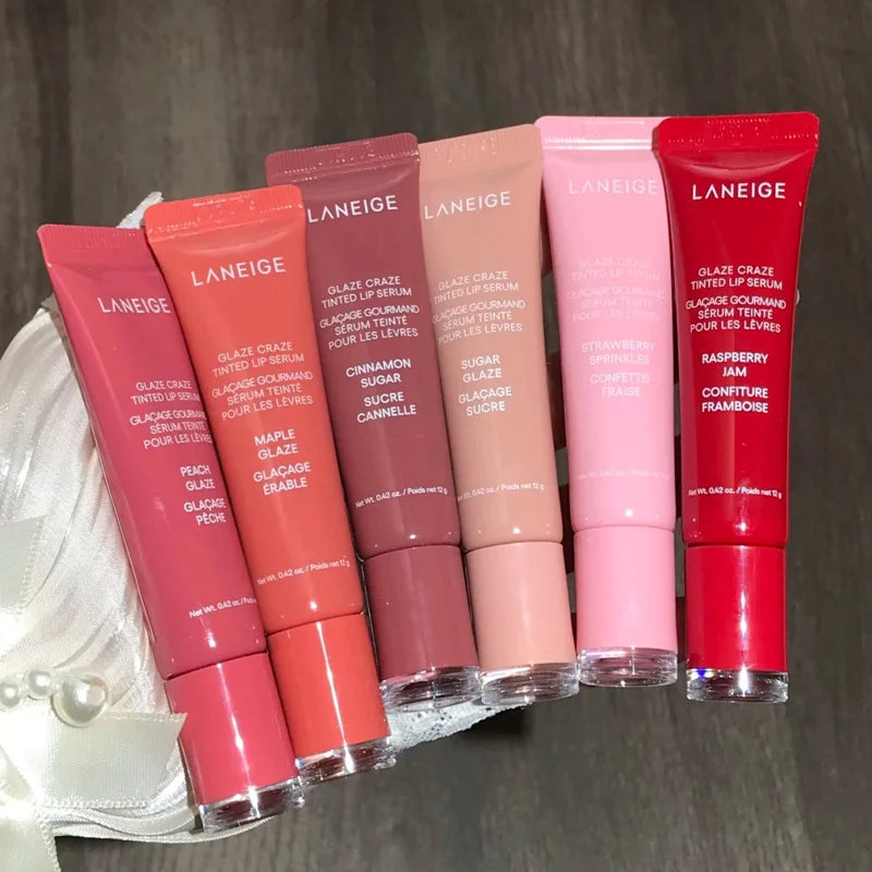 Laneige Glaze Tinted Polypeptide Lip Serum collection in six glossy, moisturizing shades ranging from peach to red.