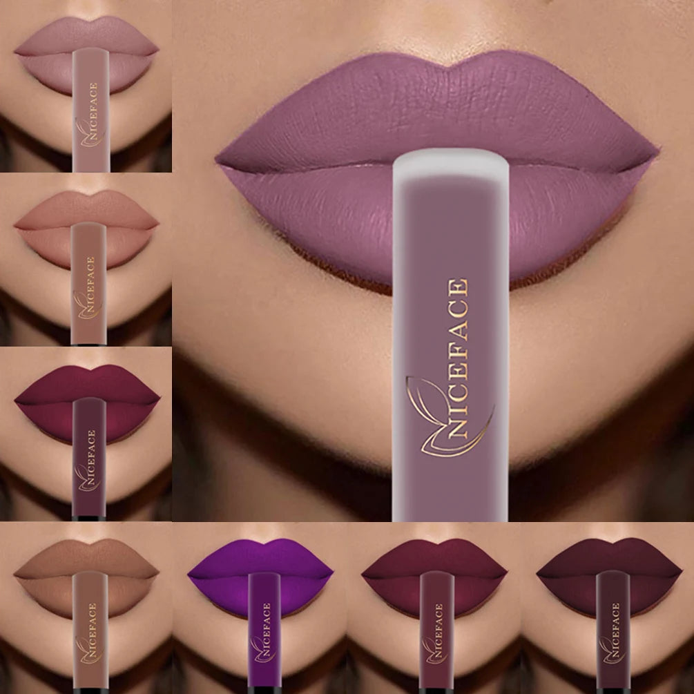 NICEFACE velvet matte liquid lipstick set showing various pigmented, waterproof nude and bold lip tints on lips.