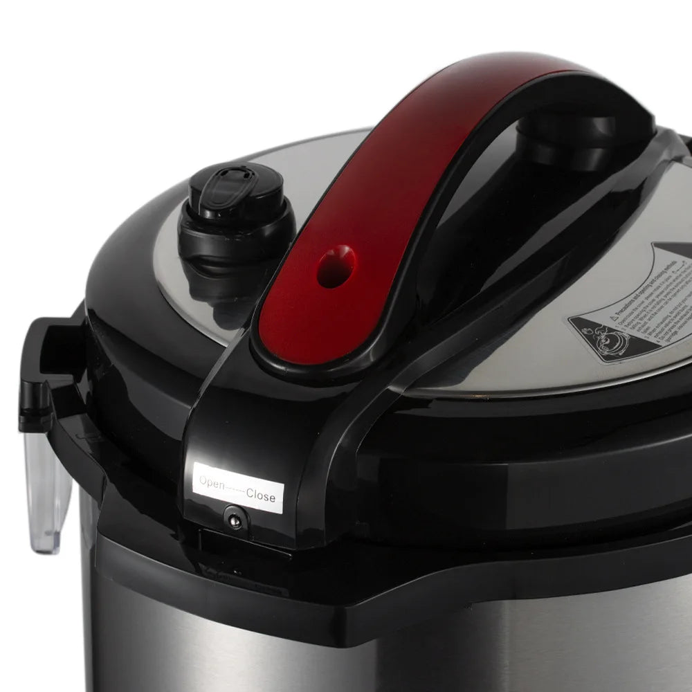 Electric pressure cooker lid with red handle, black steam vent, and side switch