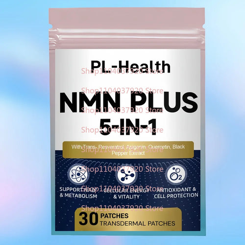 PL-Health NMN Plus 5-in-1 anti-aging transdermal patches in a resealable pouch, 30-count pack.