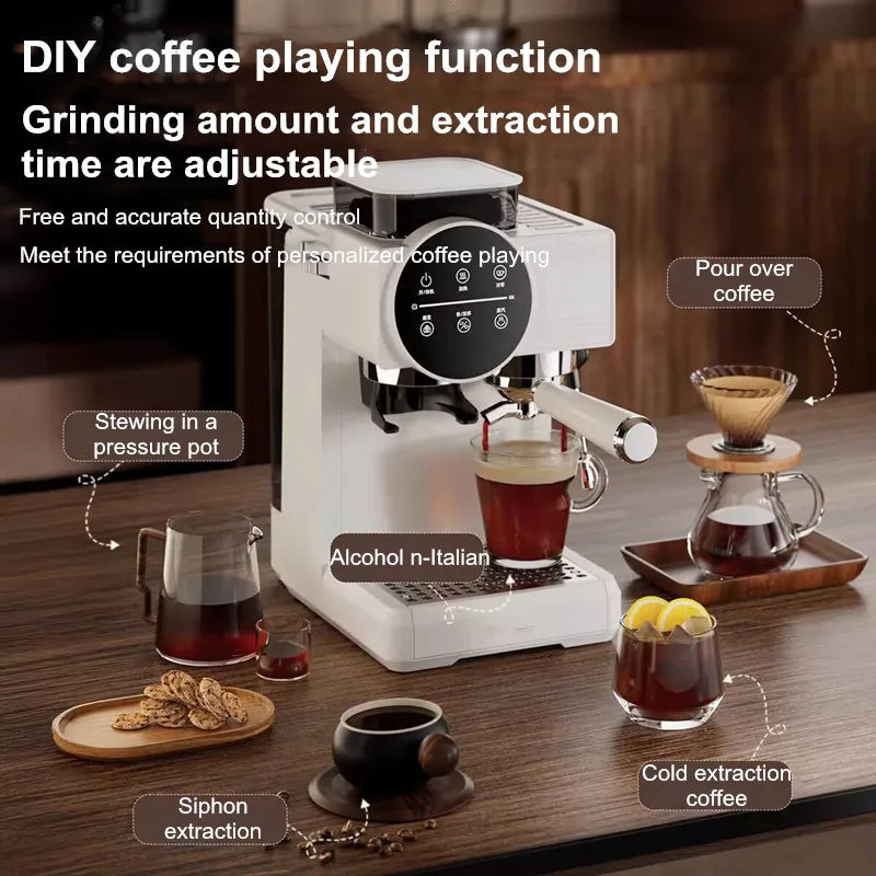 White multi-functional espresso machine with adjustable settings for pour over, cold brew, and manual coffee brewing.