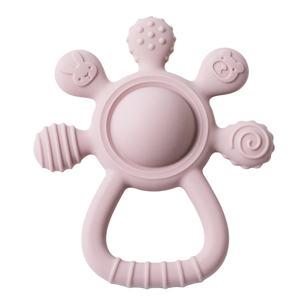 Pink silicone baby teething toy for pain relief.