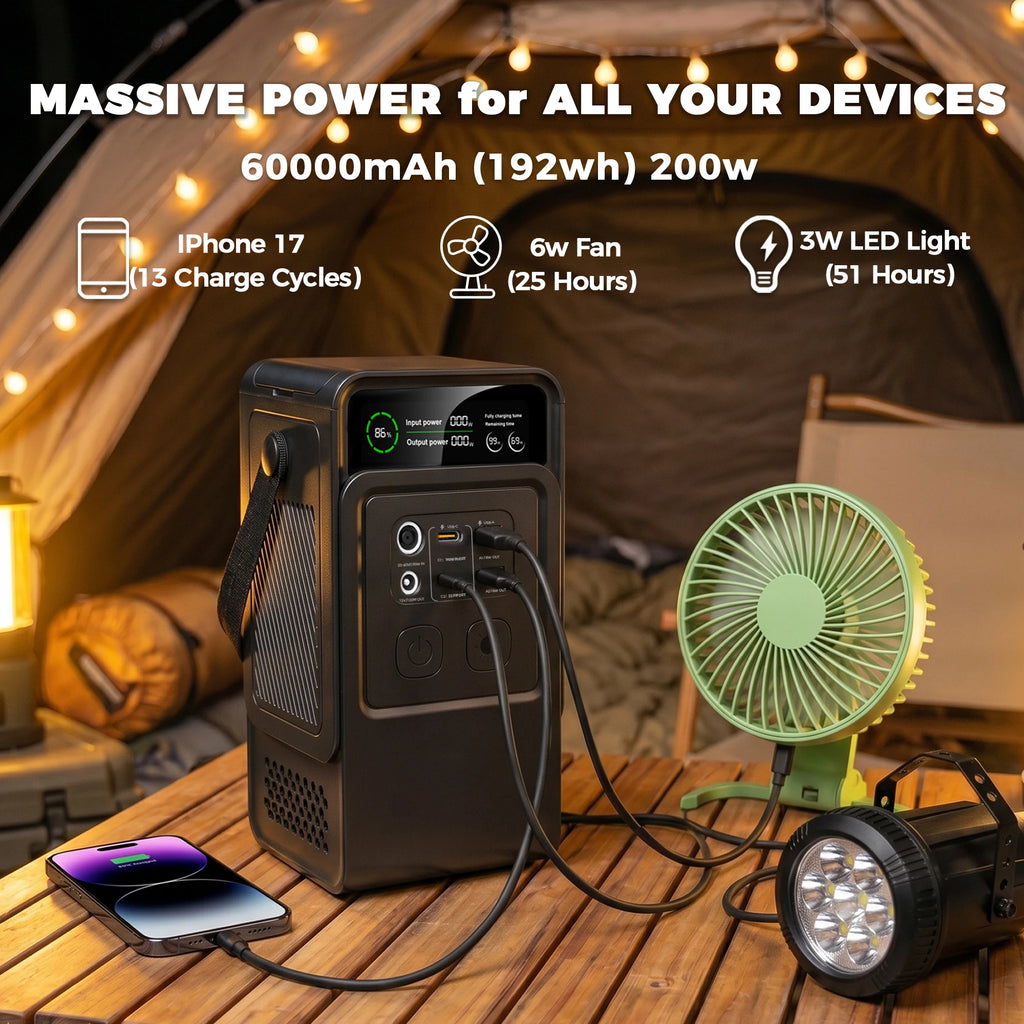 CTOLITY 192Wh Power Station 110V 200W Power Bank Outdoor Camping Portable Solar Generator LiFePO4 Battery Home Backup Power Supply 60000 mAh Emergency Battery