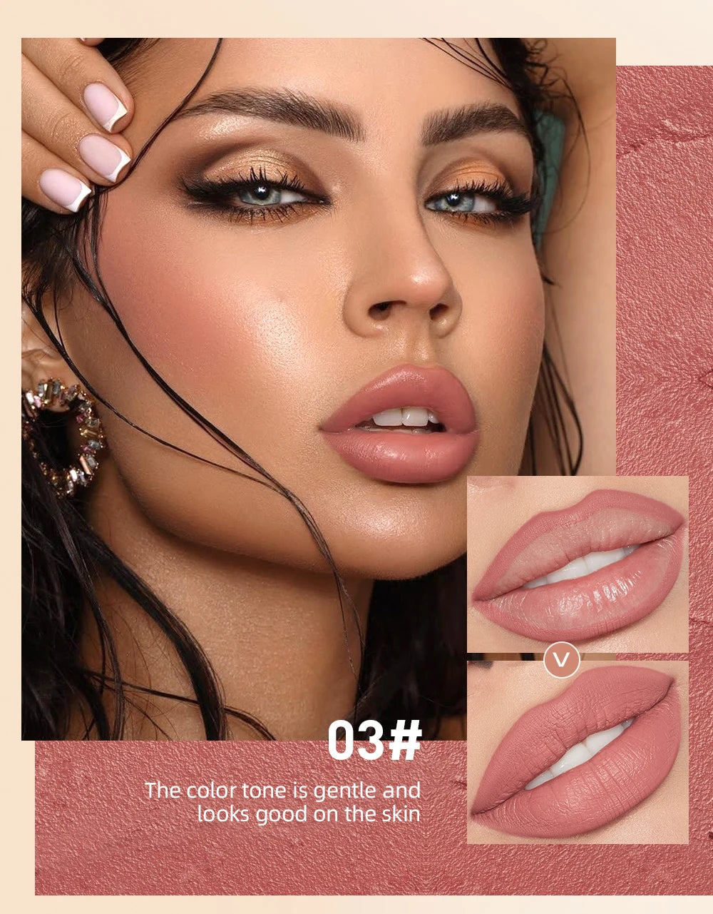 QIBEST matte velvet lipstick and lipliner set in a soft pink nude shade for a smooth, contoured lip makeup look.