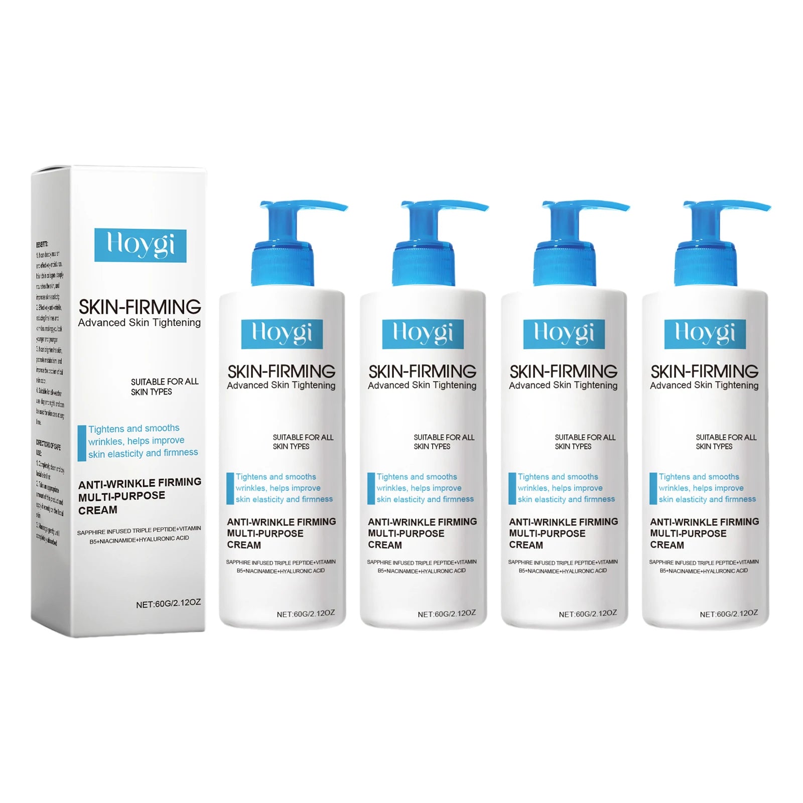 Hoygi skin-firming pump cream set: one box and four blue-pump bottles